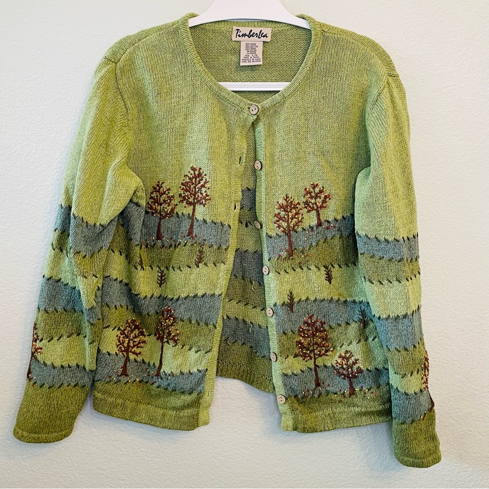 Timberlea Green Embroidered Ramie Cotton Autumn Cottagecore Cardigan | Large